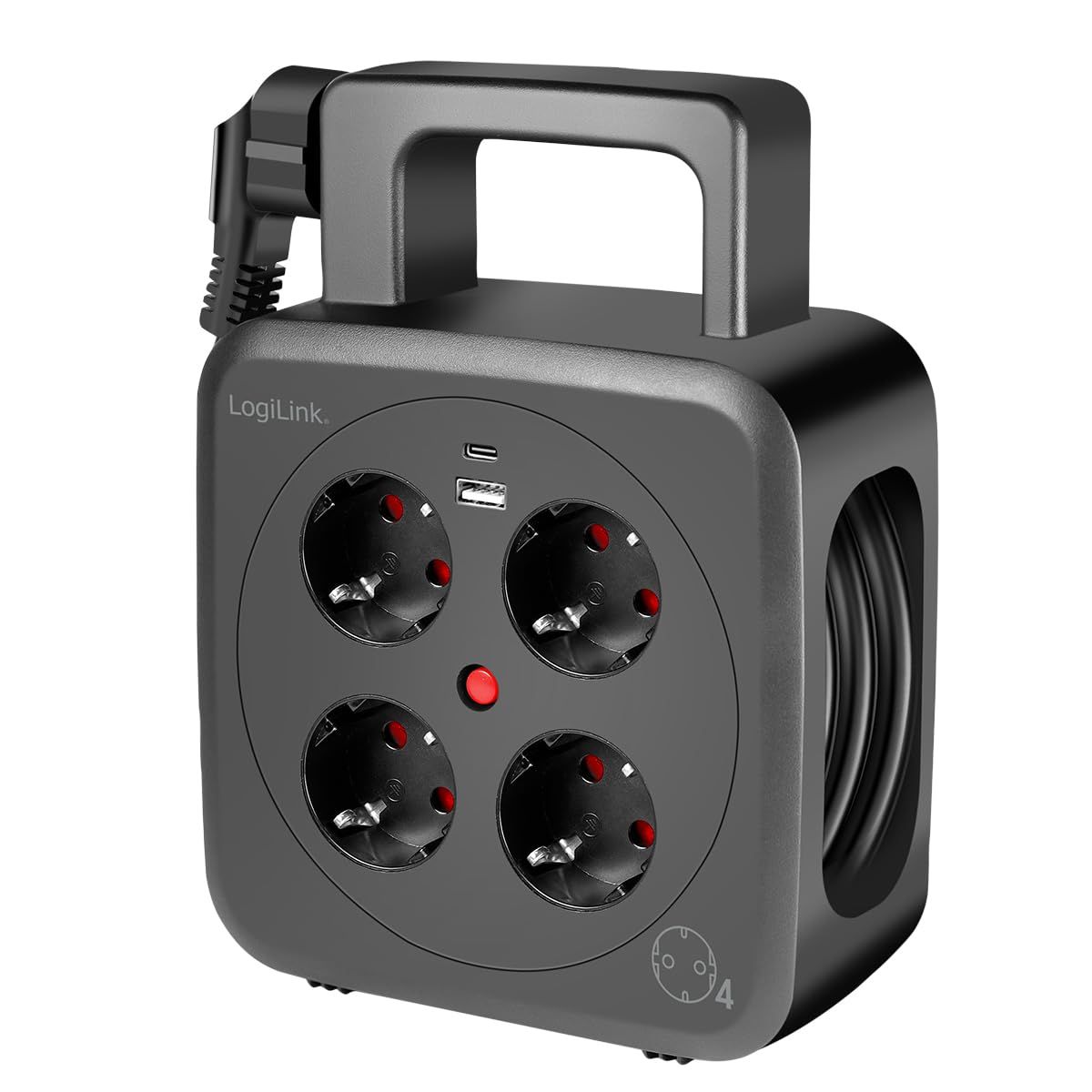 PRELUNGITOR LOGILINK, Schuko x 4, conectare prin Schuko (T), 16 A, 1xUSB-A, 1xUSB-C, comutator oprire termica, cablu 5m tip bobina, protectie IP20, negru,  LPS504  (timbru verde 2 lei)