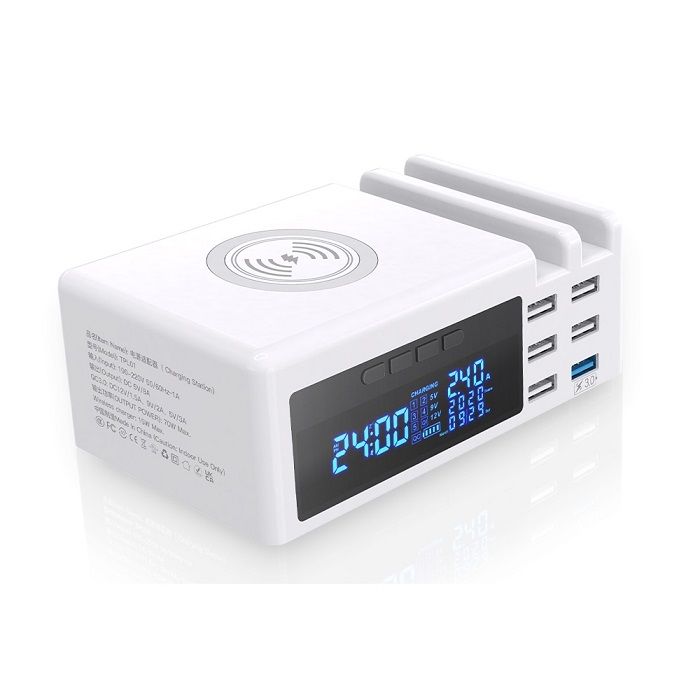 Phone charging station with 5 USB+QC3.0+Wireless ports
- digital display
- output: DC 5V/8A QC3.0: DC12V/1.5A, 9V/2A, 5V/3A
- Wireless charger: 15W Max
- Maximum power: 70W
- Power cable: 145cm
Packaging: box 1 pc.