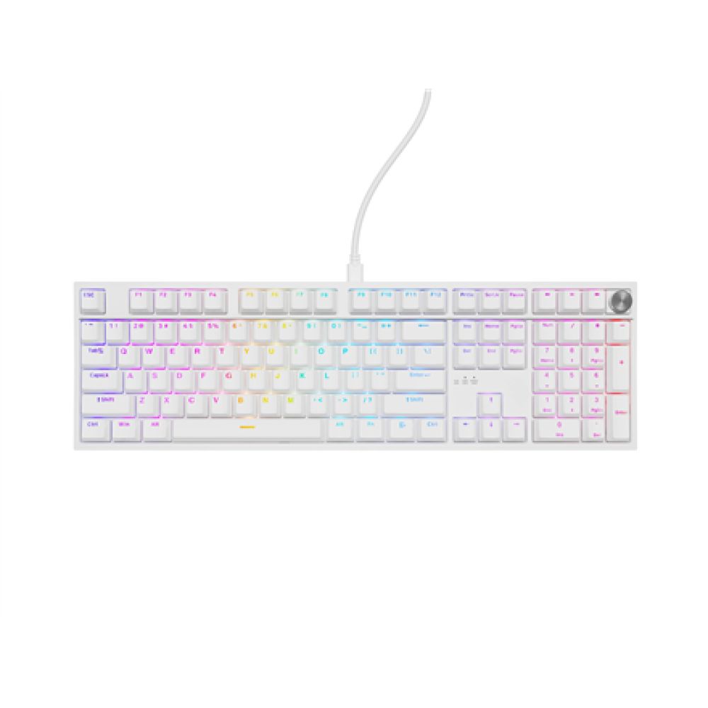 Tastatura gaming mecanica cu fir Genesis Thor 404, iluminare RGB, switch Linear, switch model Gateron Yellow Pro, numar taste 107, 11 butoane multimedia, lungime cablu 1.8m, dimensiuni 439 x 133 x 41 mm, alb