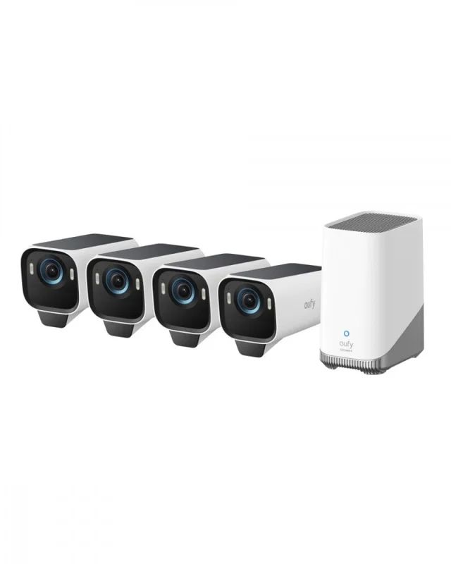 Sistem supraveghere 4+1 Anker  eufyCam S3 Pro , 4K, Wi-Fi 2.4 GHz, bullet, wireless, 16GB EMMC + 16TB extern, exterior, panou solar, AI, color night vision, , detectie miscare, IP67, , HomeBase S380,  T88943W1  (timbru verde 4 lei) - 0194644298692