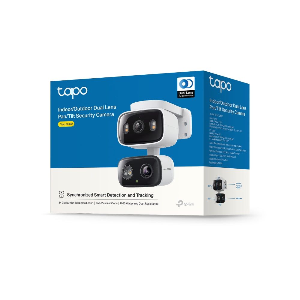 Camera Dual Lens Indoor/Outdoor TP-Link, senzor 1/2.8  Progressive Scan CMOS Starlight Sensor, lentile fixe: Focal Length: 2.8 mm, Aperture: F1.6, lentile PT: Focal Length: 6.0 mm, Aperture: F1.6, night vision 850 nm IR LED (40 ft / 12 m), rezolutie maxima 2304 × 1296 px, frame rate 15 fps, zoom