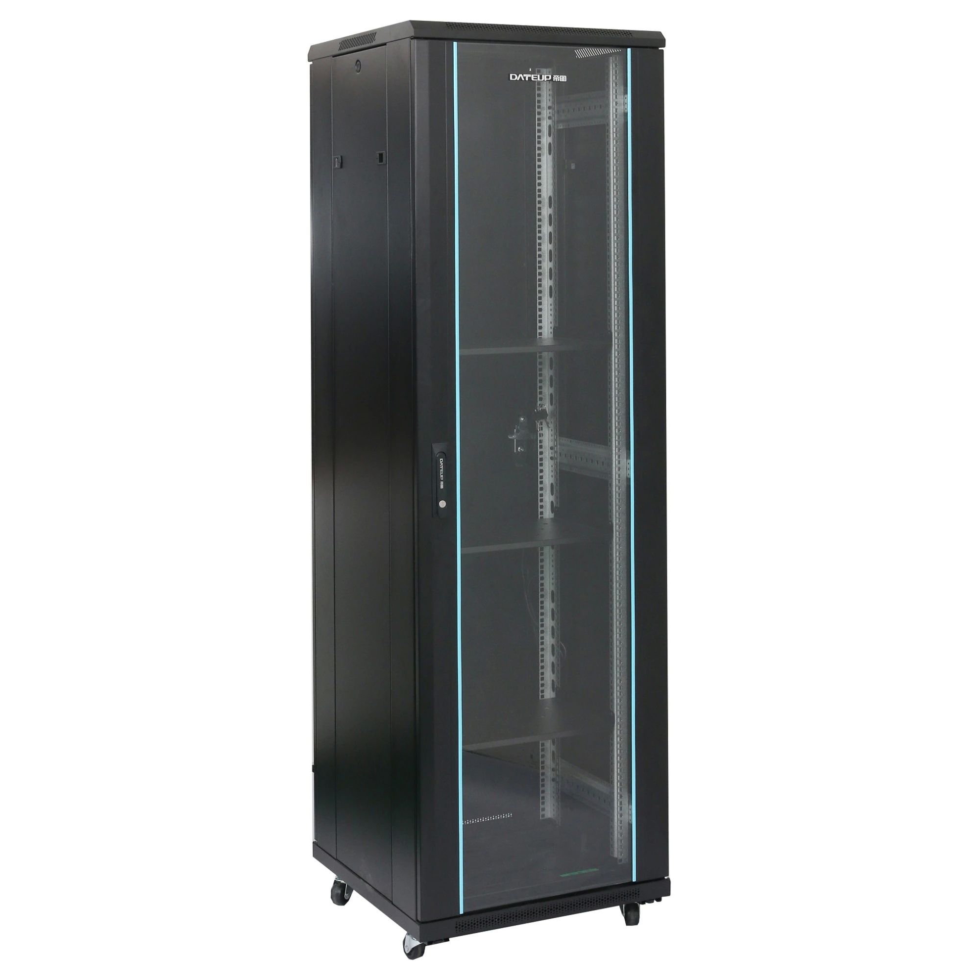 Rack 37U 600x800, montare pe podea, usa din sticla, panouri laterale detasabile si securizate, dezasamblat, culoare negru RAL 9004, DATEUP