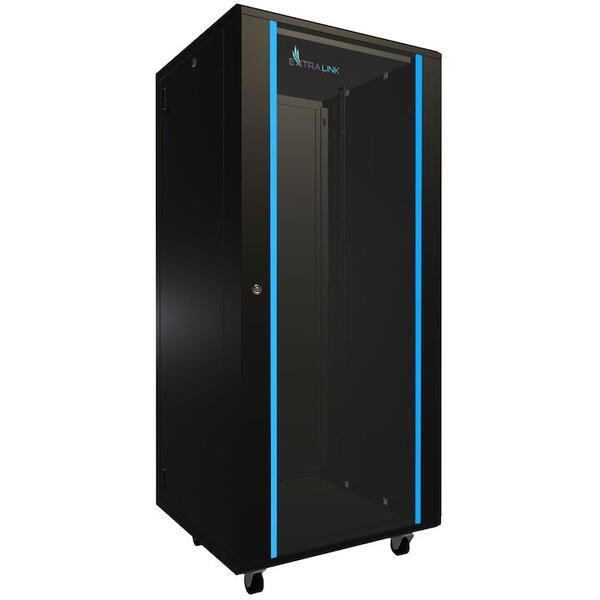Rack 42U 800x800, montare pe podea, usa din sticla, panouri laterale detasabile si securizate, dezasamblat, culoare negru RAL 9004, DATEUP