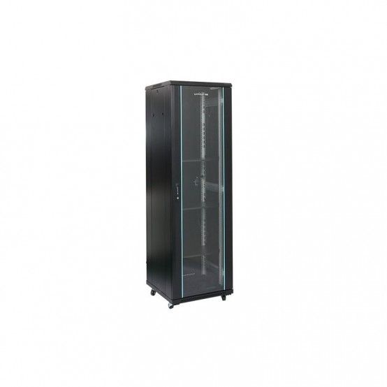 Rack 18U 600x1000, montare pe podea, usa din sticla, panouri laterale detasabile si securizate, dezasamblat, culoare negru RAL 9004, DATEUP