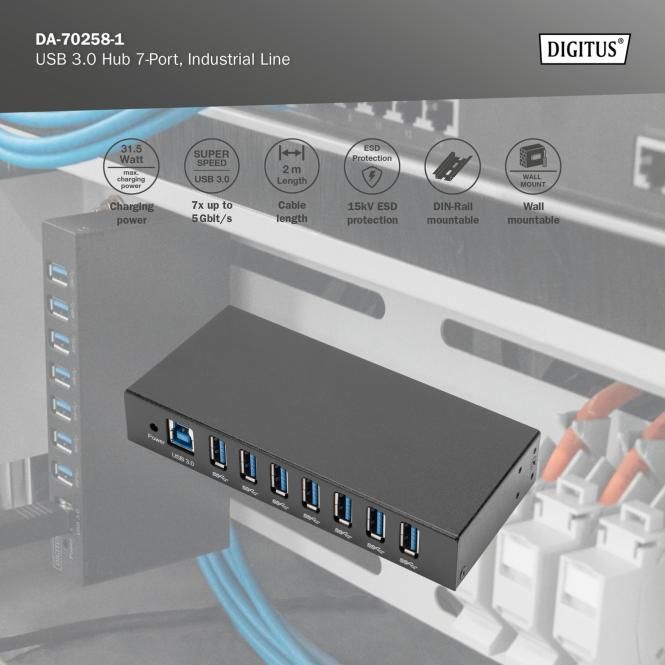 Industrial 7-port USB 3.0 hub  DIN rail