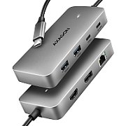 Hub HMC-CUB83X2, 7in1, USB-C 3.2, HDMI 4K/60Hz, DisplayPort 4K/60Hz, GLAN, PD 100W, Gri