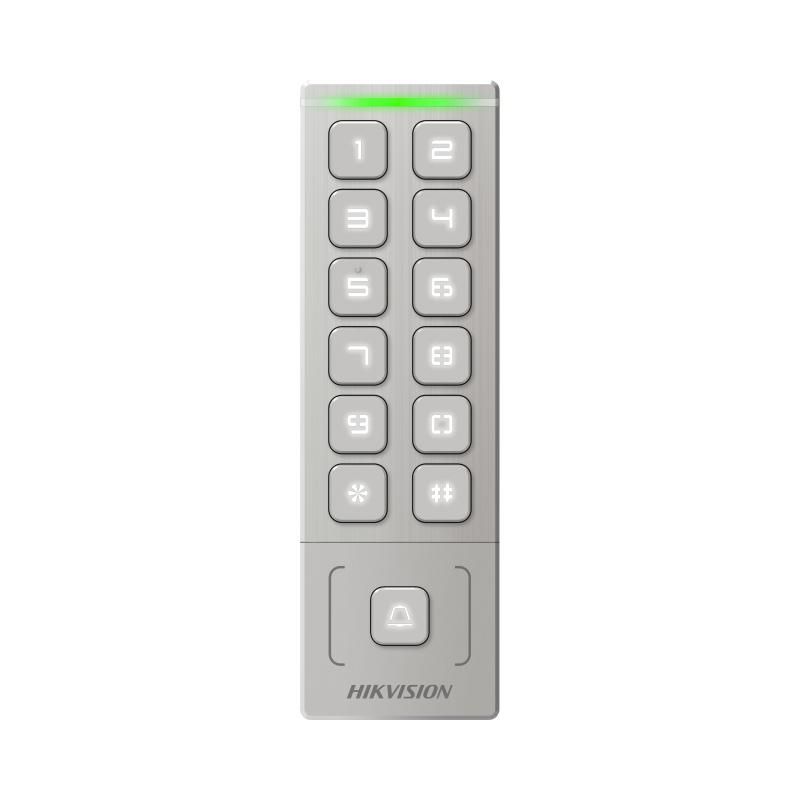 Cititor de proximitate cu tastatura Hikvision DS-K1T809EX, card sau PIN, maxim 1000 carduri si 1000 useri, cititor pentru carduri EM incorporat, Wiegand out, supports Wiegand 26/34, alimentare: 12 VDC, 1 A,  protectie: IP65, dimensiunii: 151 mm × 48 mm × 21.5 mm, montare aparenta.