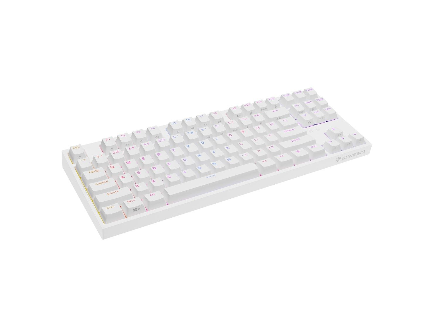 GENESIS Thor 404 TKL. Keyboard form factor: Tenkeyless (80 - 87%). Keyboard style: Straight. Connectivity technology: Wired, Device interface: USB, Keyboard key switch: Mechanical, Keyboard layout: QWERTY, Keyboard number of keys: 87. Backlight type: RGB LED. Cable length: 1.8 m. Recommended usage