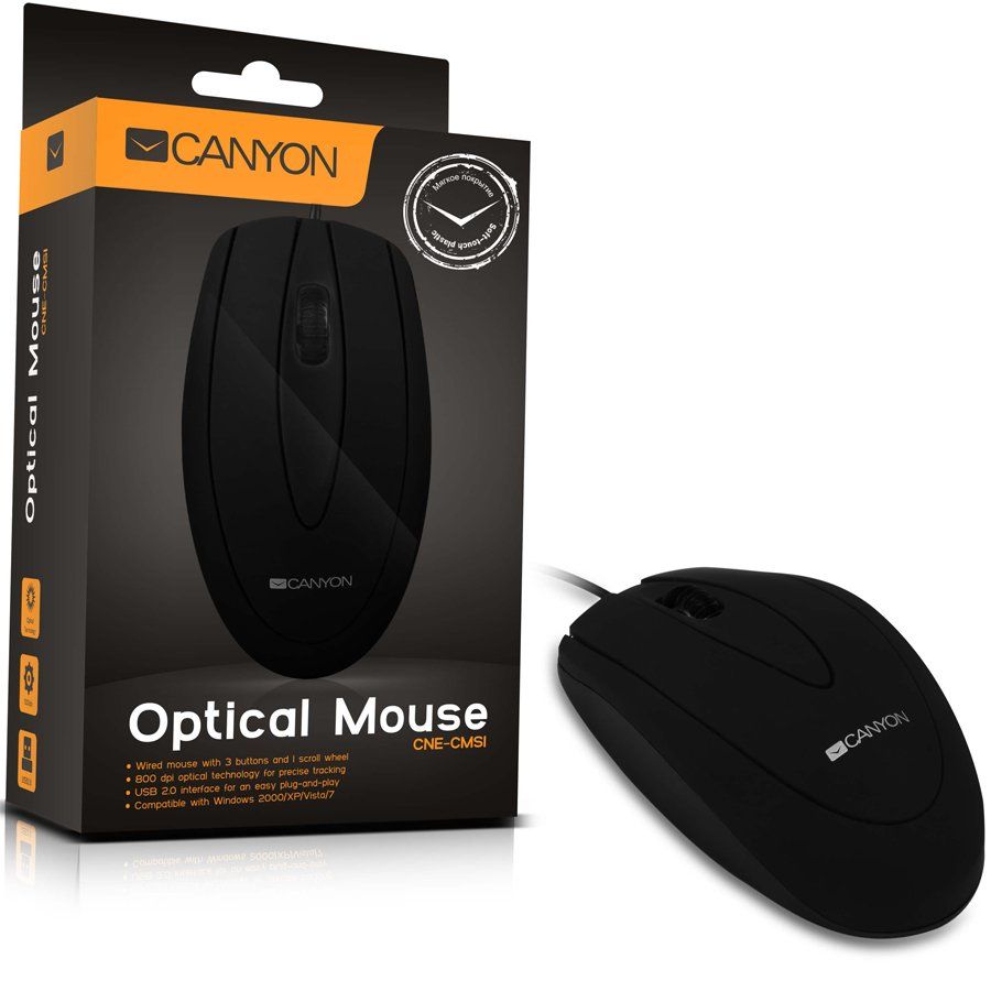 CANYON CM-1 wired optical Mouse with 3 buttons, DPI 1000, Black, cable length 1.8m, 100*51*29mm, 0.07kg_1