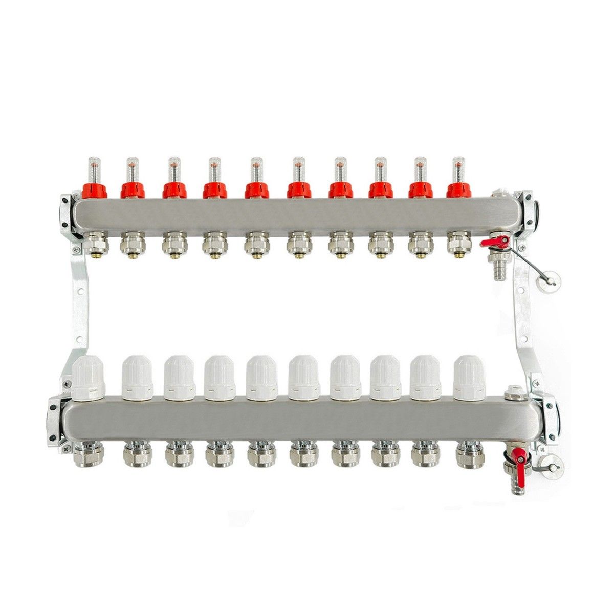 REITER RIXOP#210-KOSK-E-10 Distribuitor din oțel inoxidabil INOX pentru încălzire prin pardoseală, distanță de 50 mm, 10 circuite