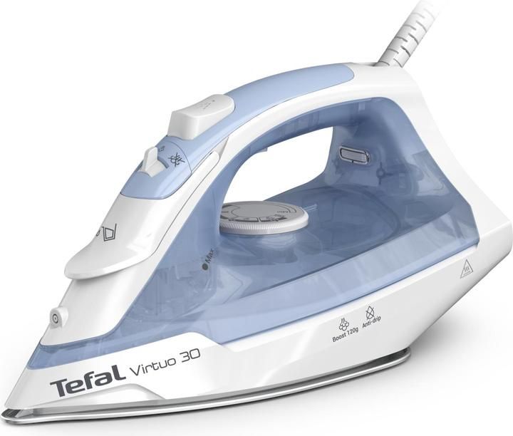 Tefal Virtuo 30 FV2C41E0. Type: Dry & Steam iron, Soleplate type: Ceramic soleplate, Cord length: 1.9 m. Iron power: 2000 W. Width: 134 mm, Depth: 306 mm, Height: 178 mm. Package width: 134 mm, Package depth: 178 mm, Package height: 306 mm. Products per pallet: 72  pc(s), Products per pallet layer