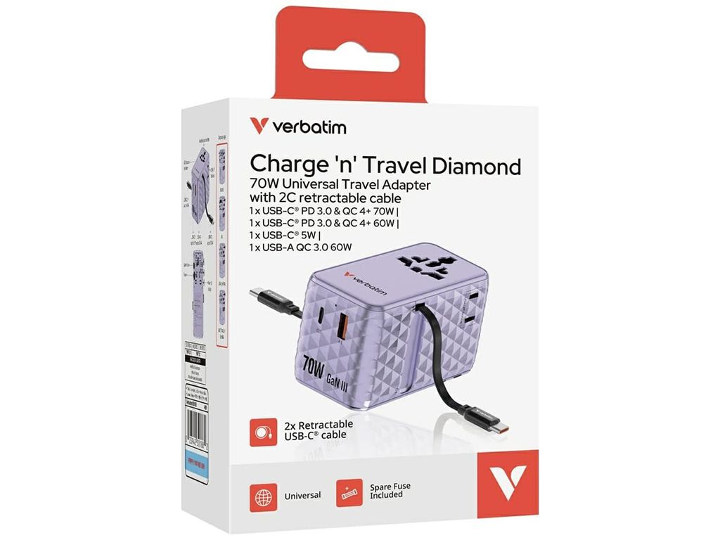 Adaptor Verbatim GaN,70W,2 cabluri retract,violetUSB-C PD 3.0 QC4+up to 70W/USB-A QC 4+up to 60W