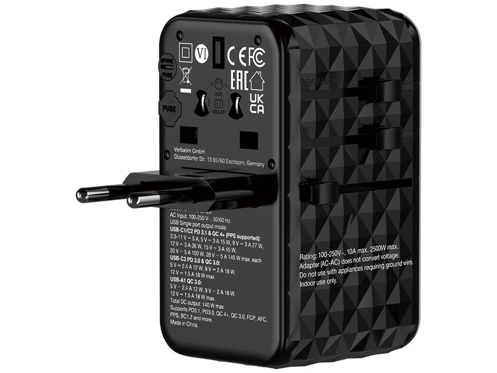 Adaptor universal Verbatim GaN III, Travel, 140W2xUSBC,PD 3.1&QC 4+,1xUSBC, PD 3.0&1xUSBA, QC 3.0