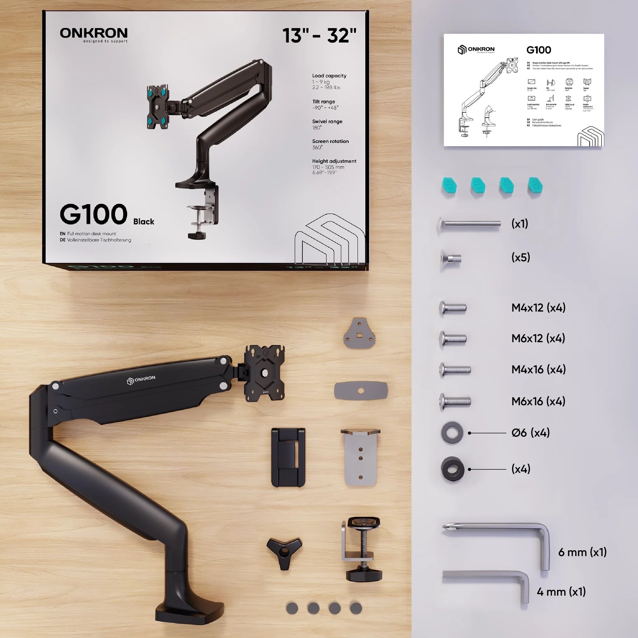 ONKRON Monitor Desk Mount for 13 to 32-Inch LED LCD Flat Monitors up to 9 kg, Black