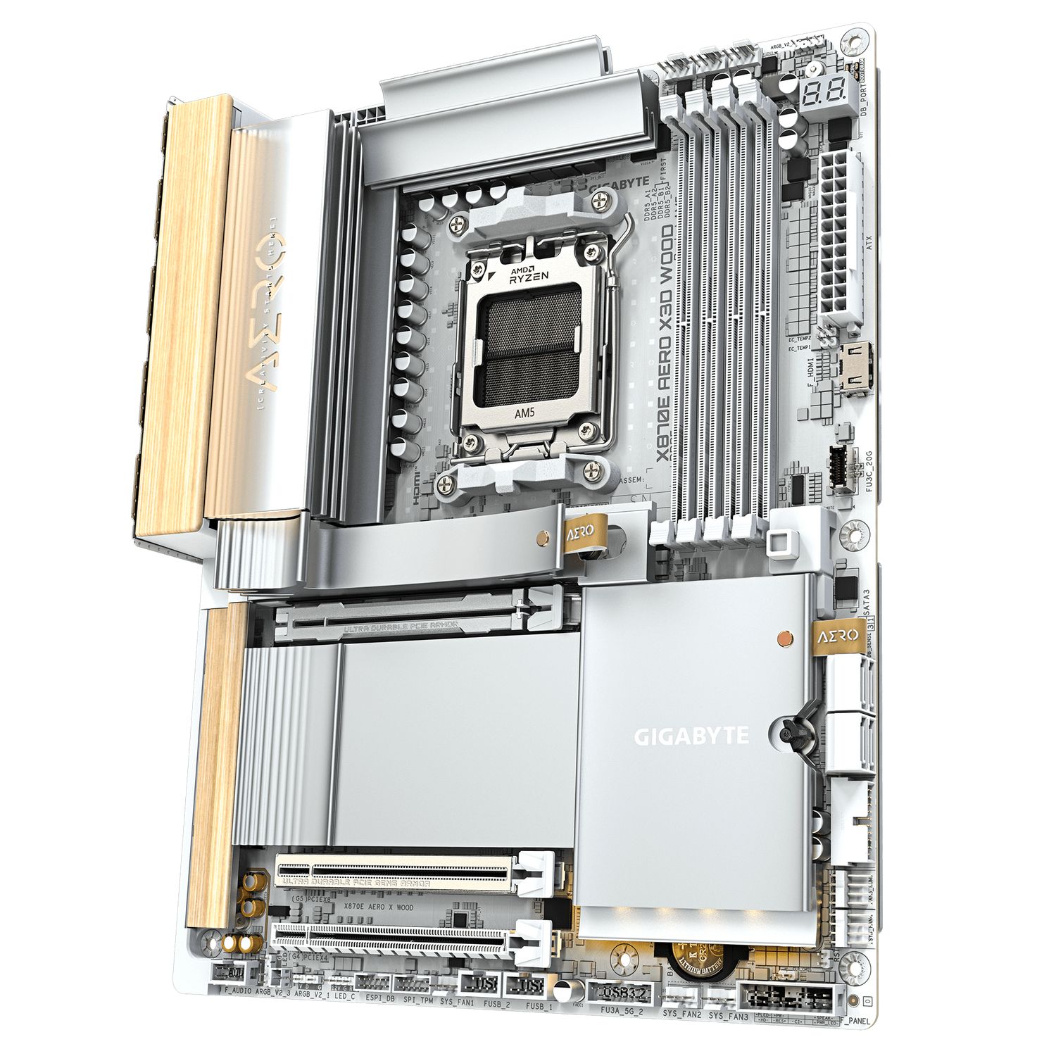 GIGABYTE X870E AERO X3D WOOD. Processor manufacturer: AMD, Processor socket: Socket AM5, Compatible processor series: AMD Ryzen 7000  Series, AMD Ryzen 8000 Series, AMD Ryzen 9000 Series. Supported memory types: DDR5-SDRAM, Maximum internal memory: 256 GB, Memory slots type: DIMM. Supported storage