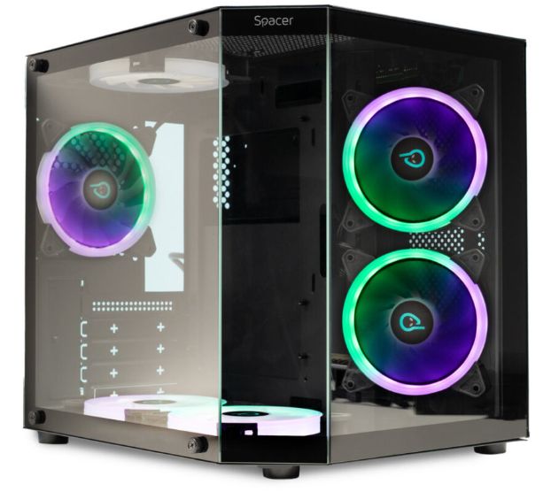 CARCASA  SPACER - gaming, Mini Tower, mATX,  AQUARIUM , fara sursa, sticla securizata, 6 x ARGB fan, HUB, telecomanda, USB 3.0 x 1, USB Type-C x 1, HD-Audio, Jack 3.5mm x 1, PSU shroud, black  SPCS-GC-AQUARIUM-BK-6F