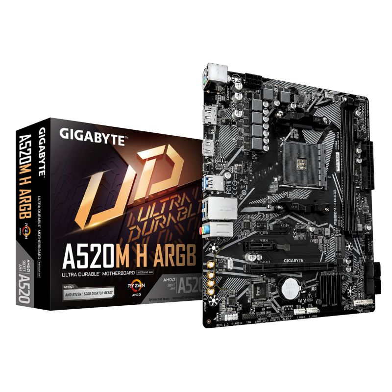GIGABYTE A520M H ARGB. Processor manufacturer: AMD, Processor socket: Socket AM4, Compatible processor series: AMD Ryzen 3000 Series, AMD Ryzen 4000 Series, AMD Ryzen 5000 Series, AMD Ryzen PRO 3000 Series,.... Supported memory types: DDR4-SDRAM, Maximum internal memory: 64 GB, Memory slots type