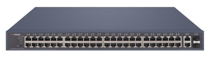Switch PoE Hikvision DS-3E1552P-SI: 48 x 10/100/1000M PoE Ports, 2 x gigabit RJ45, 2 x gigabit SFP, buget PoE 470 W, tensiune alimentare 100 to 240 V AC, 50/60 Hz, Max. 7.5 A, dimensiuni: 440.00 mm × 44.00 mm × 323.80 mm, greutate: 4.35kg, montare in rack.