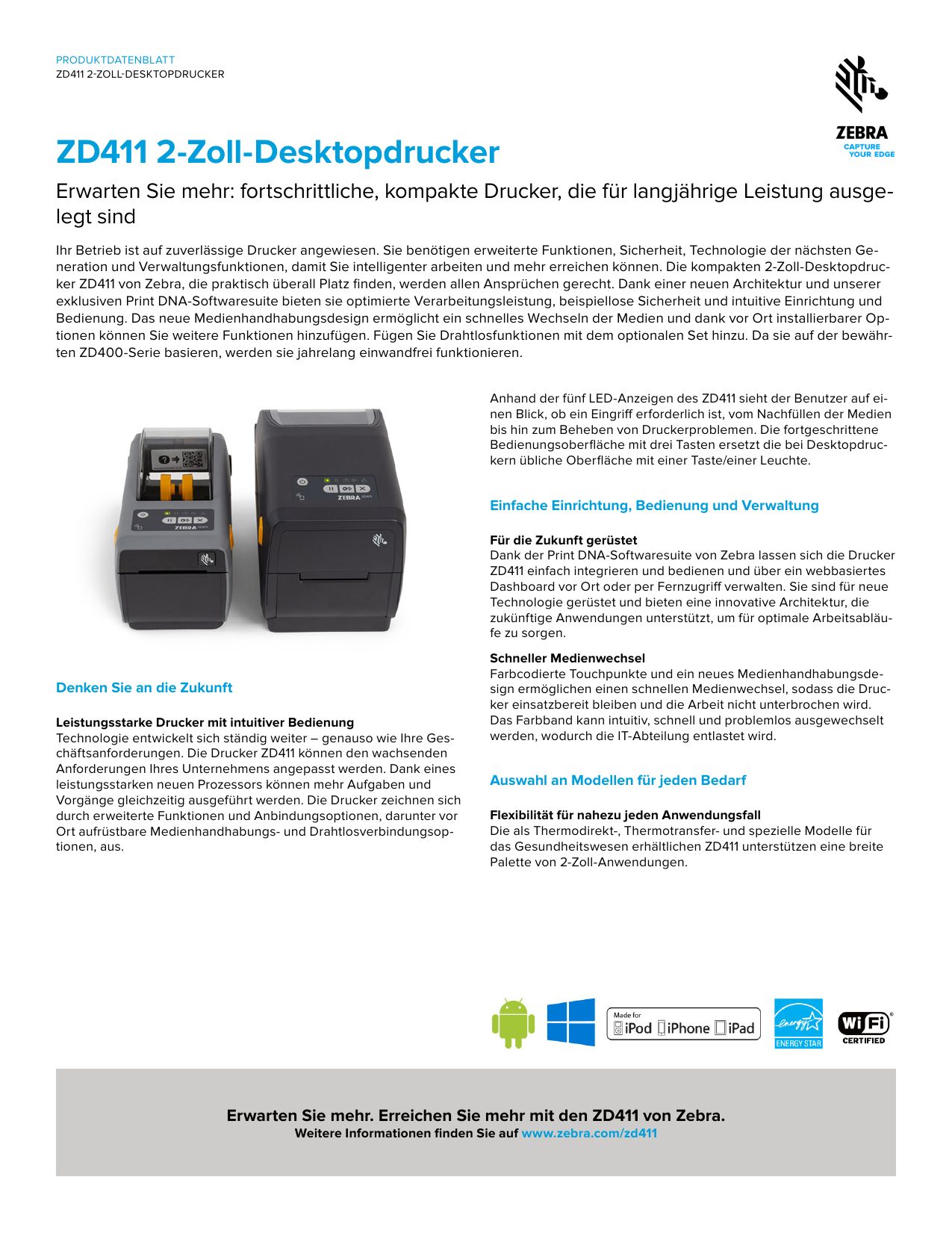 Zebra Desktopdrucker ZD411d 300 dpi USB Ethernet