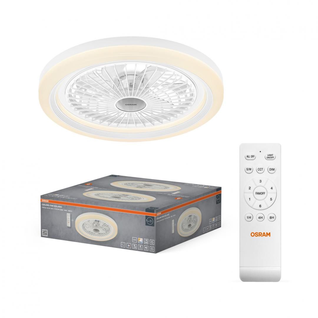 Plafoniera LED CCT cu ventilator Osram Solano cu Telecomanda, 43W, 2100lm, lumina alba (3000-4000-6500K), dimabila, IP20, max 1168 m³/h, timer 1h-4h-8h, Alb