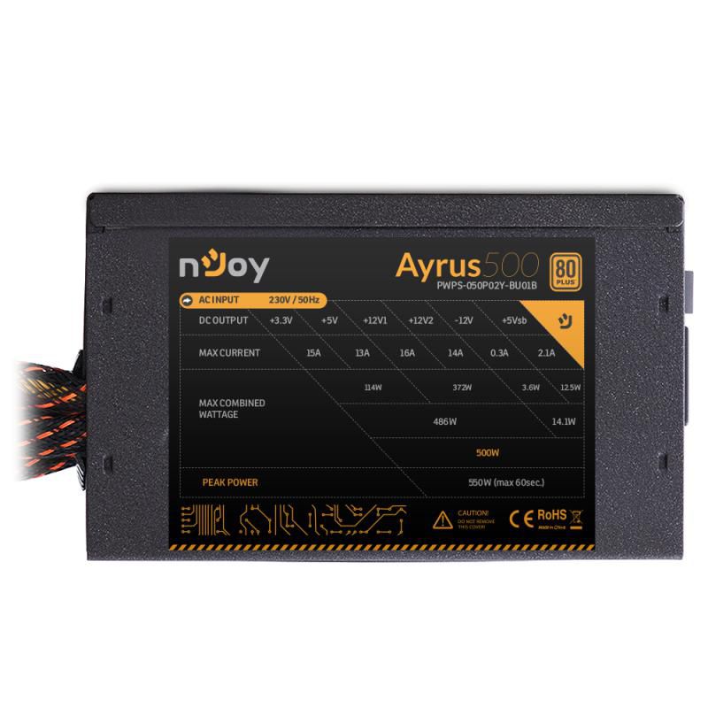 nJoy | Ayrus 500 | PWPS-050P02Y-BU01B | 500 W | ATX | Activa | Numar ventilatoare 1 | 120 mm | 1 x 20 + 4 pin, 1 x 4 + 4 pin ATX 12 V,1 x 6 pin + 2 PCI-E, 4 x SATA, 2 x 4pin Molex | PFC Pasiv | OCP / OVP / UVP / SCP / OPP | >80%_2