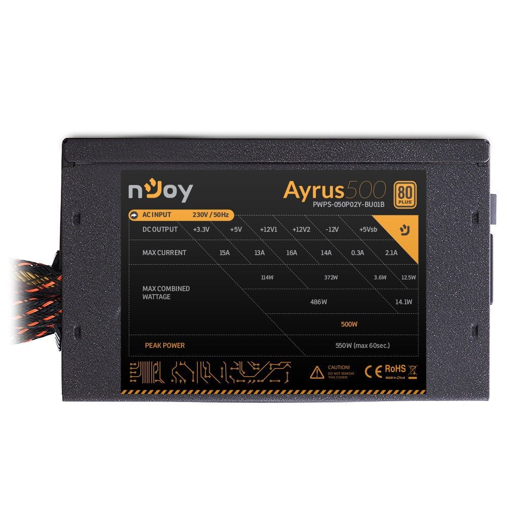 nJoy | Ayrus 500 | PWPS-050P02Y-BU01B | 500 W | ATX | Activa | Numar ventilatoare 1 | 120 mm | 1 x 20 + 4 pin, 1 x 4 + 4 pin ATX 12 V,1 x 6 pin + 2 PCI-E, 4 x SATA, 2 x 4pin Molex | PFC Pasiv | OCP / OVP / UVP / SCP / OPP | >80%_8