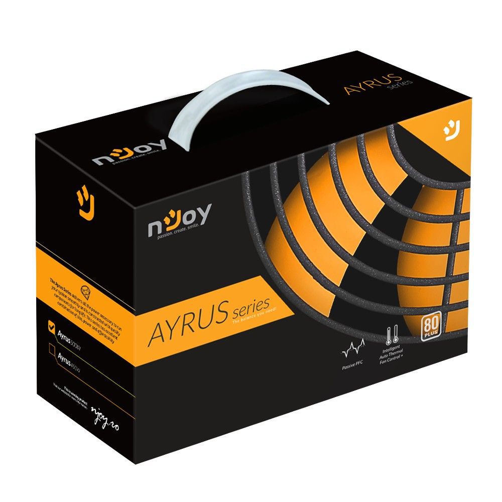 nJoy | Ayrus 500 | PWPS-050P02Y-BU01B | 500 W | ATX | Activa | Numar ventilatoare 1 | 120 mm | 1 x 20 + 4 pin, 1 x 4 + 4 pin ATX 12 V,1 x 6 pin + 2 PCI-E, 4 x SATA, 2 x 4pin Molex | PFC Pasiv | OCP / OVP / UVP / SCP / OPP | >80%_9