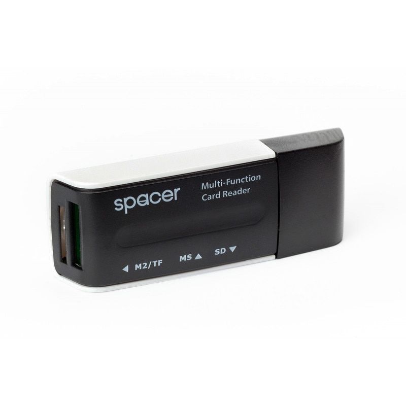 CARD READER extern SPACER, interfata USB 2.0, citeste/scrie: SD, microSD, MS, M2; plastic, black 