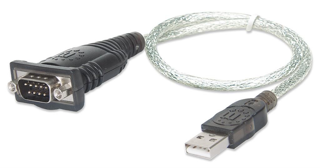 Manhattan USB-A to Serial Converter cable, 45cm, Male to Male, Serial/RS232/COM/DB9, Prolific PL-2303RA Chip, Equivalent to Startech ICUSB232V2, Black/Silver cable, Three Year Warranty, Blister_1